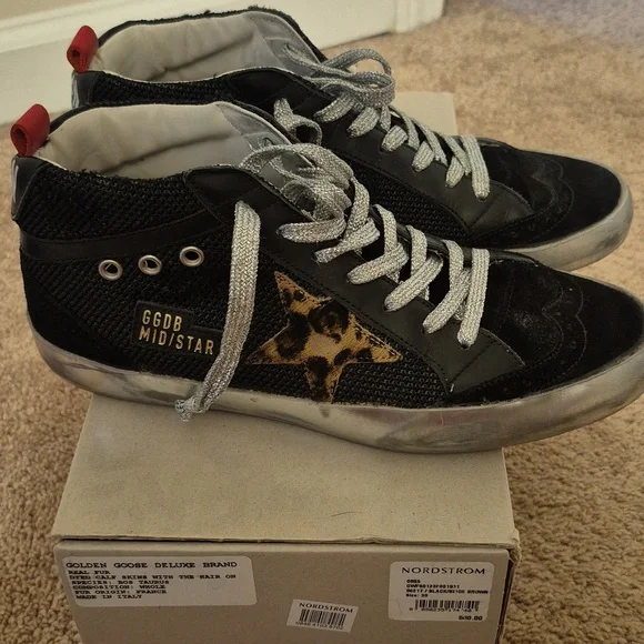 SOLD! Golden Goose Midstar Double Quarter Sneaker Black Leopard Stars Size 38 - Picture 3 of 11